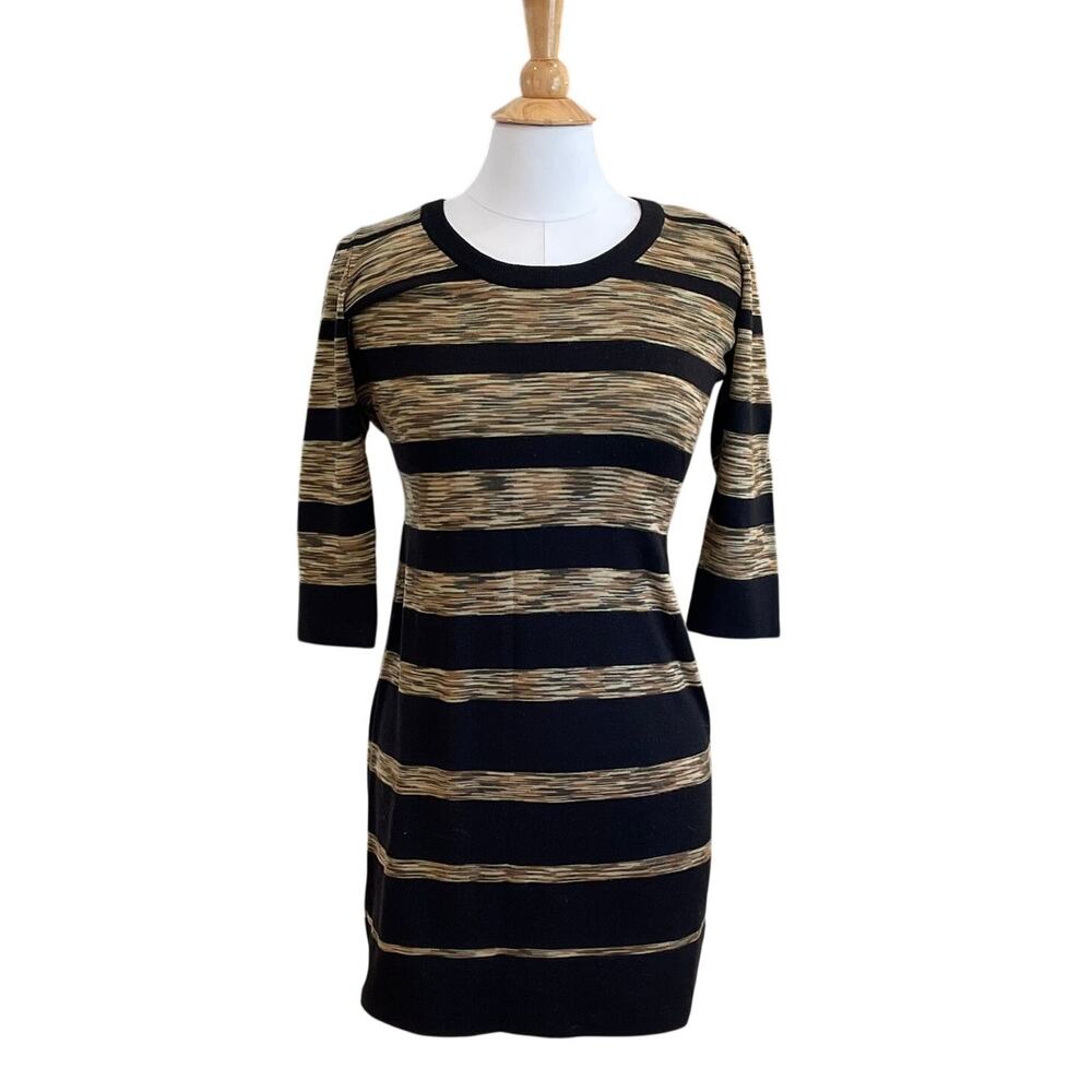 Calvin Klein Striped Fitted 3/4 Sleeve Sweater Dress, Black, Tan, Brown, M